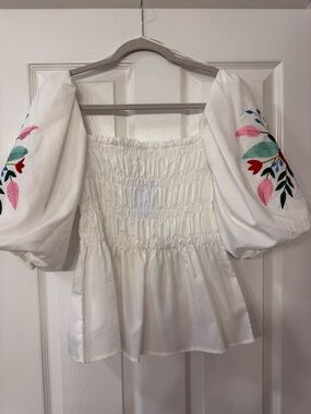Vine & Love White Smocked Peasant Top with Floral Embroidery